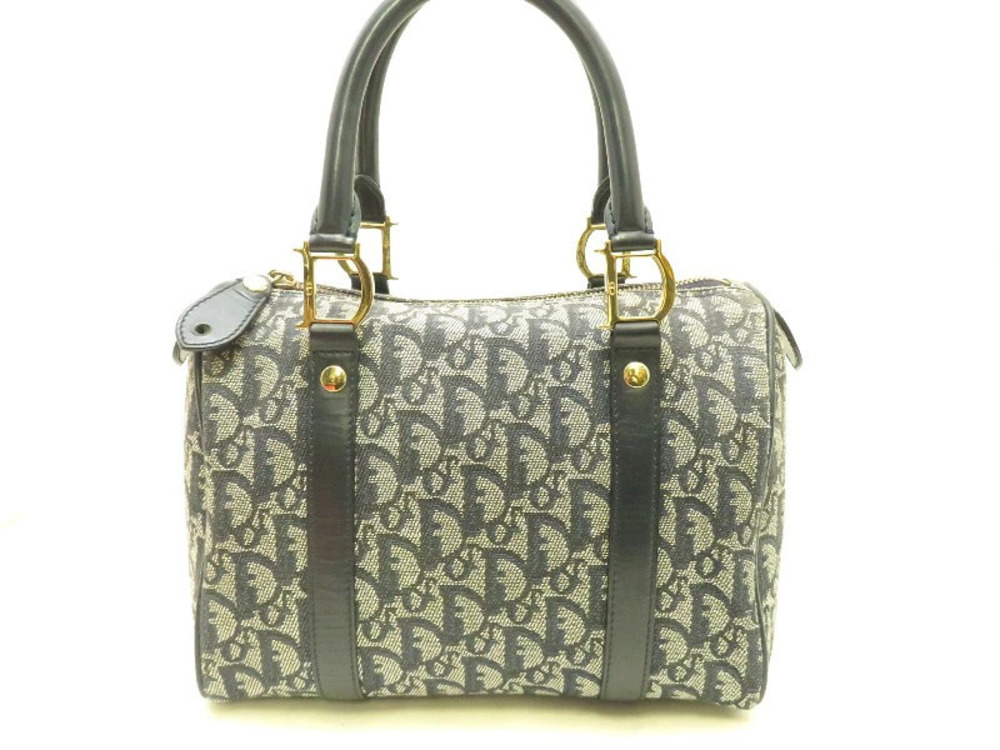 Christian Dior Trotter Boston Bag Navy Blue x Gray Canvas YI